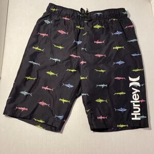 Hurley Board Shorts Boys 10/12 Black Fish Print Swim Trunks Beach Surf